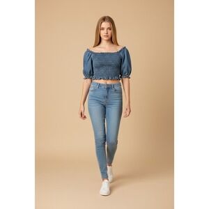 Vintage Levis Smocked Denim‎ Crop Top Medium Blue Puff Sleeve Ruffle Square Neck